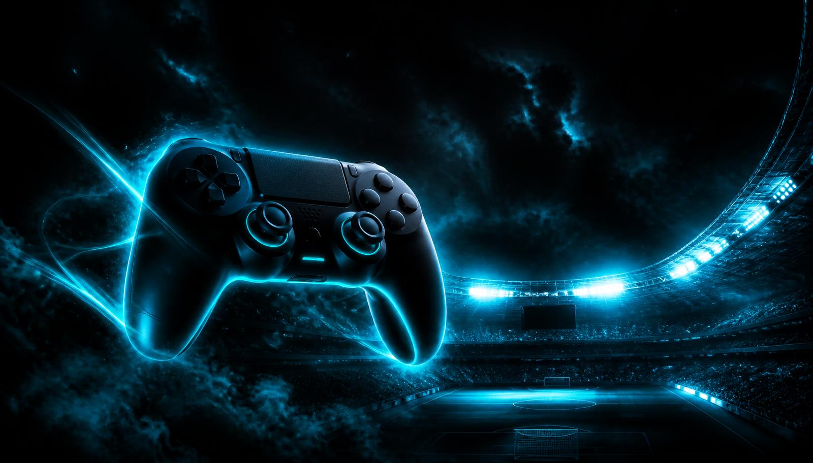 Comando de jogo com luz neon azul-turquesa sobre um estádio de futebol